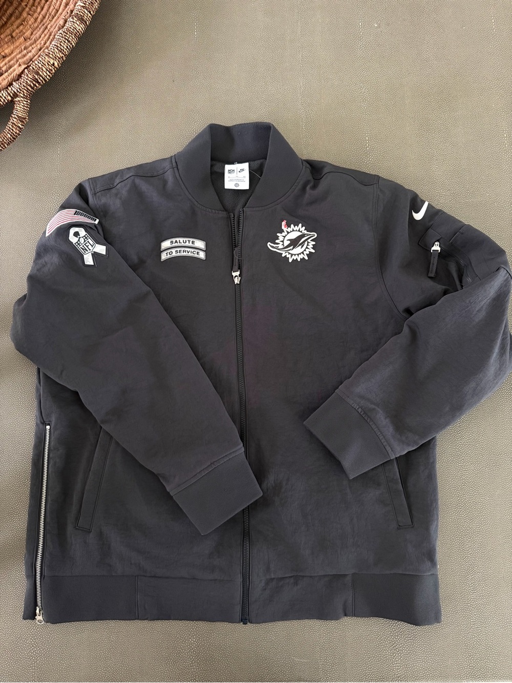 MIAMI DOLPHINS TEAM ISSUED GREY NIKE SALUTE TO SERVICE BOMBER XL